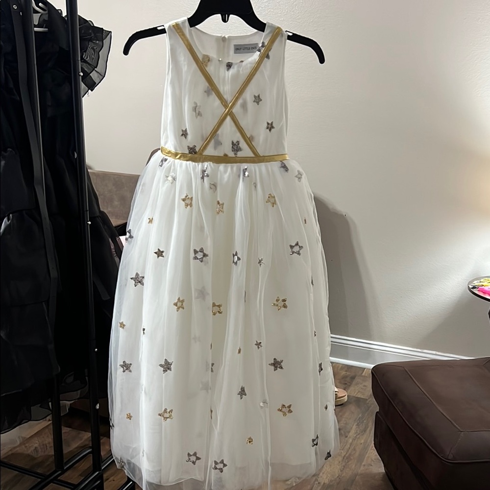 Elegant White and Gold Star Kids Dress